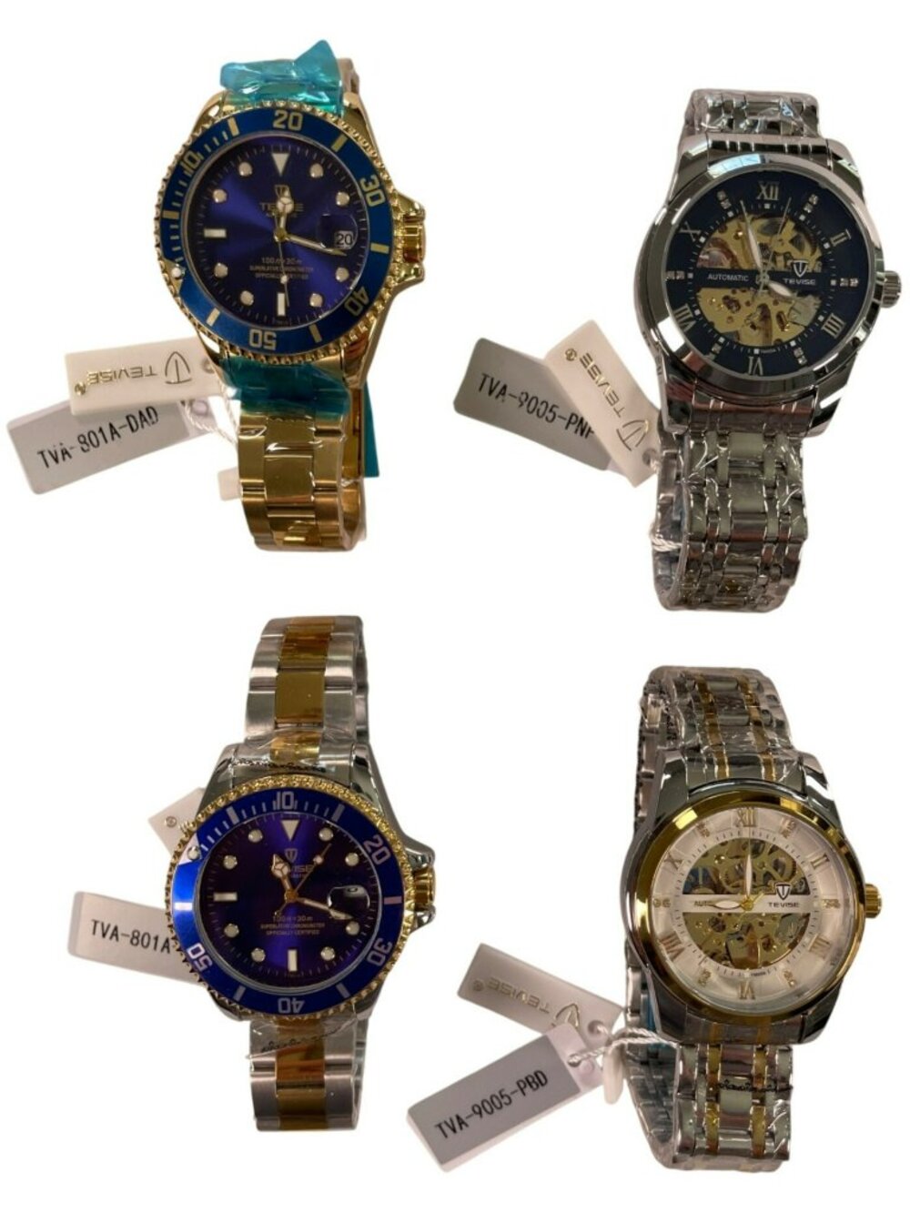 Tevise Automatic Watches LOT-OF-4 Stainless Steel Gold & Silver Men’s BRAND NEW